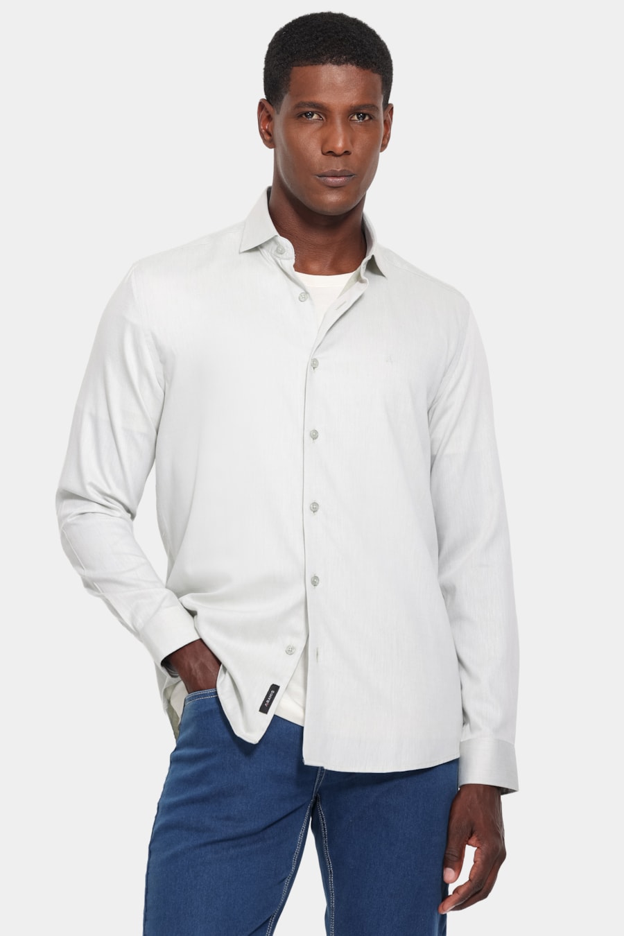 Camisa Manga Longa Slim Tricoline Falso Liso Verde Cha 114 — foto 1 de 6