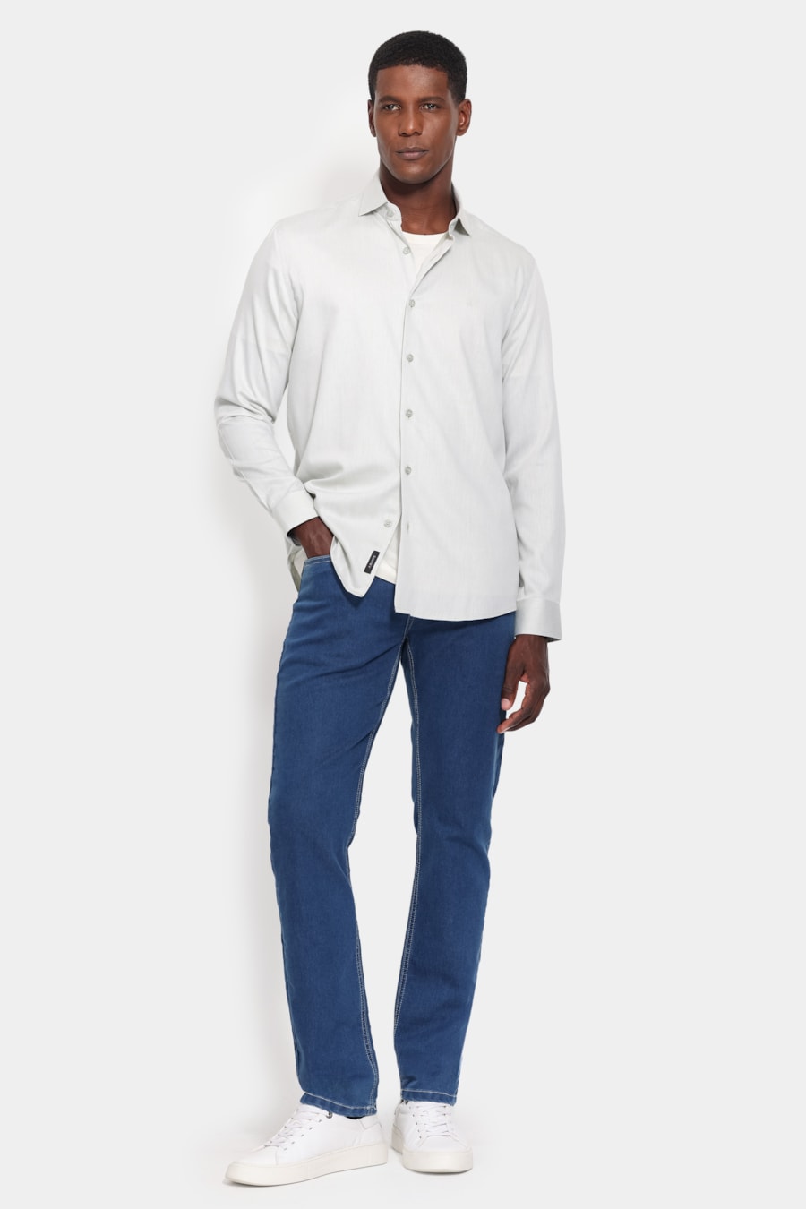 Camisa Manga Longa Slim Tricoline Falso Liso Verde Cha 114 — foto 2 de 6