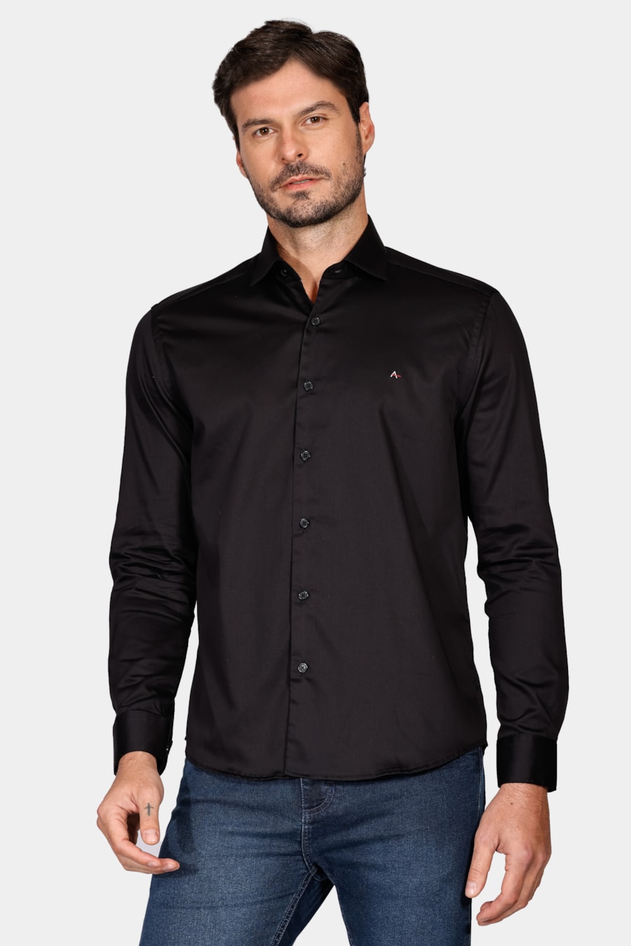 Camisa Manga Longa Slim Tricoline Fio 60 Preto — foto 1 de 7