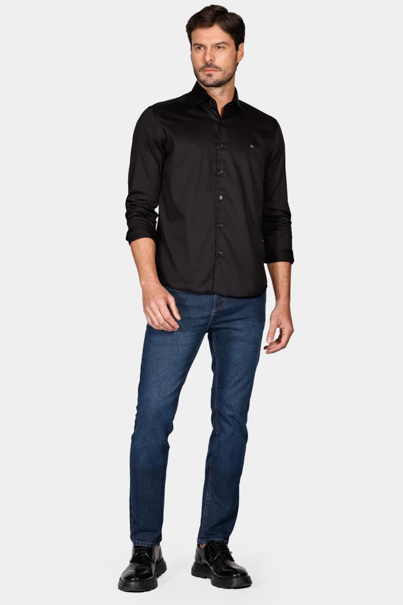 Camisa Manga Longa Slim Tricoline Fio 60 Preto