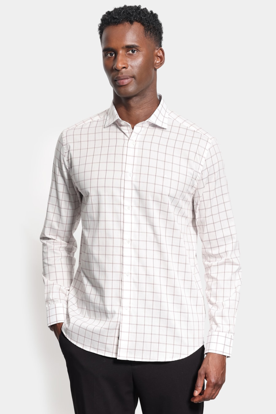 Camisa Manga Longa Slim Tricoline Grid Xadrez Branco C/Vermelho — foto 1 de 6