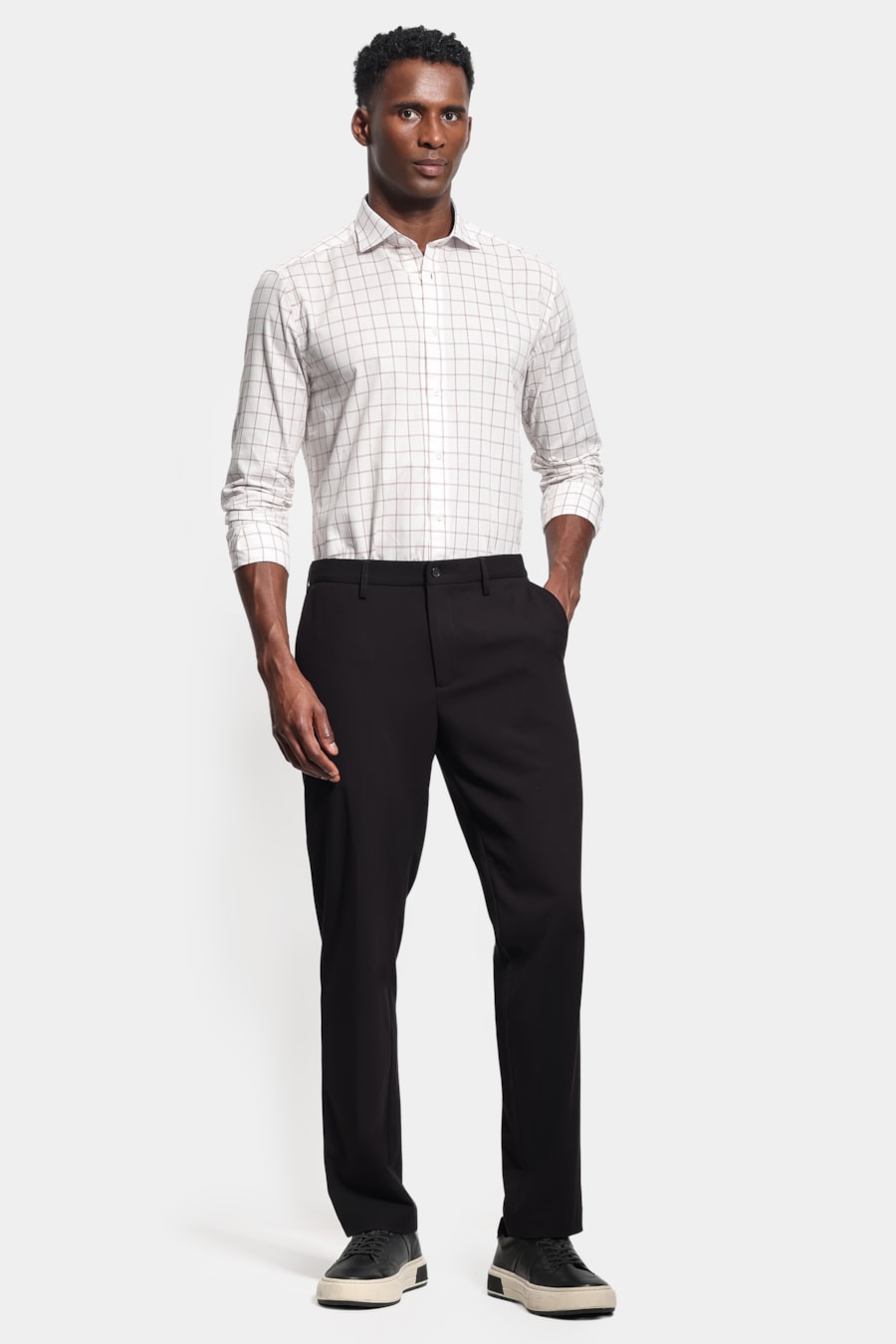 Camisa Manga Longa Slim Tricoline Grid Xadrez Branco C/Vermelho — foto 2 de 6