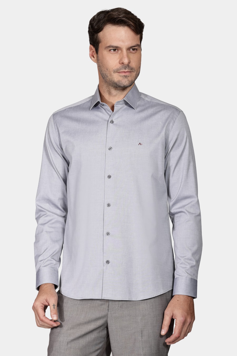 Camisa Manga Longa Slim Tricoline Lisa Cinza — foto 1 de 5