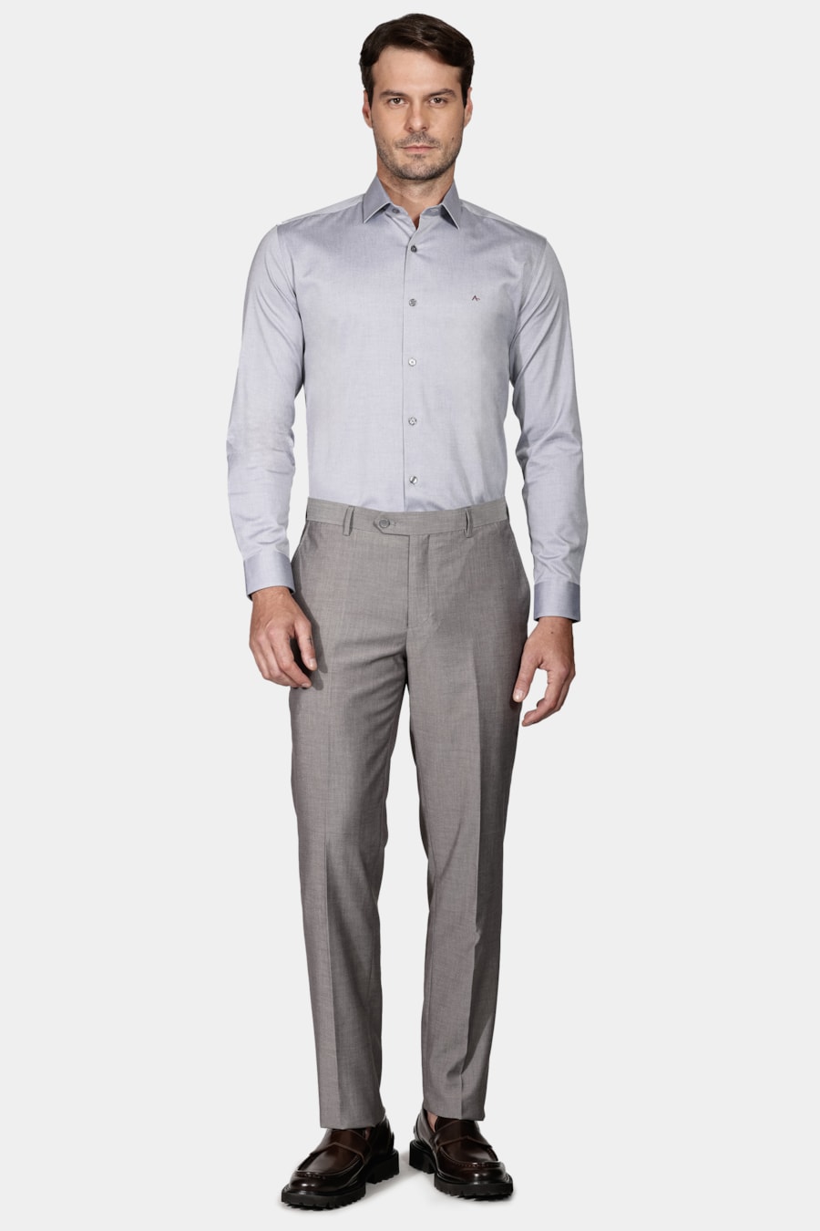 Camisa Manga Longa Slim Tricoline Lisa Cinza — foto 2 de 5