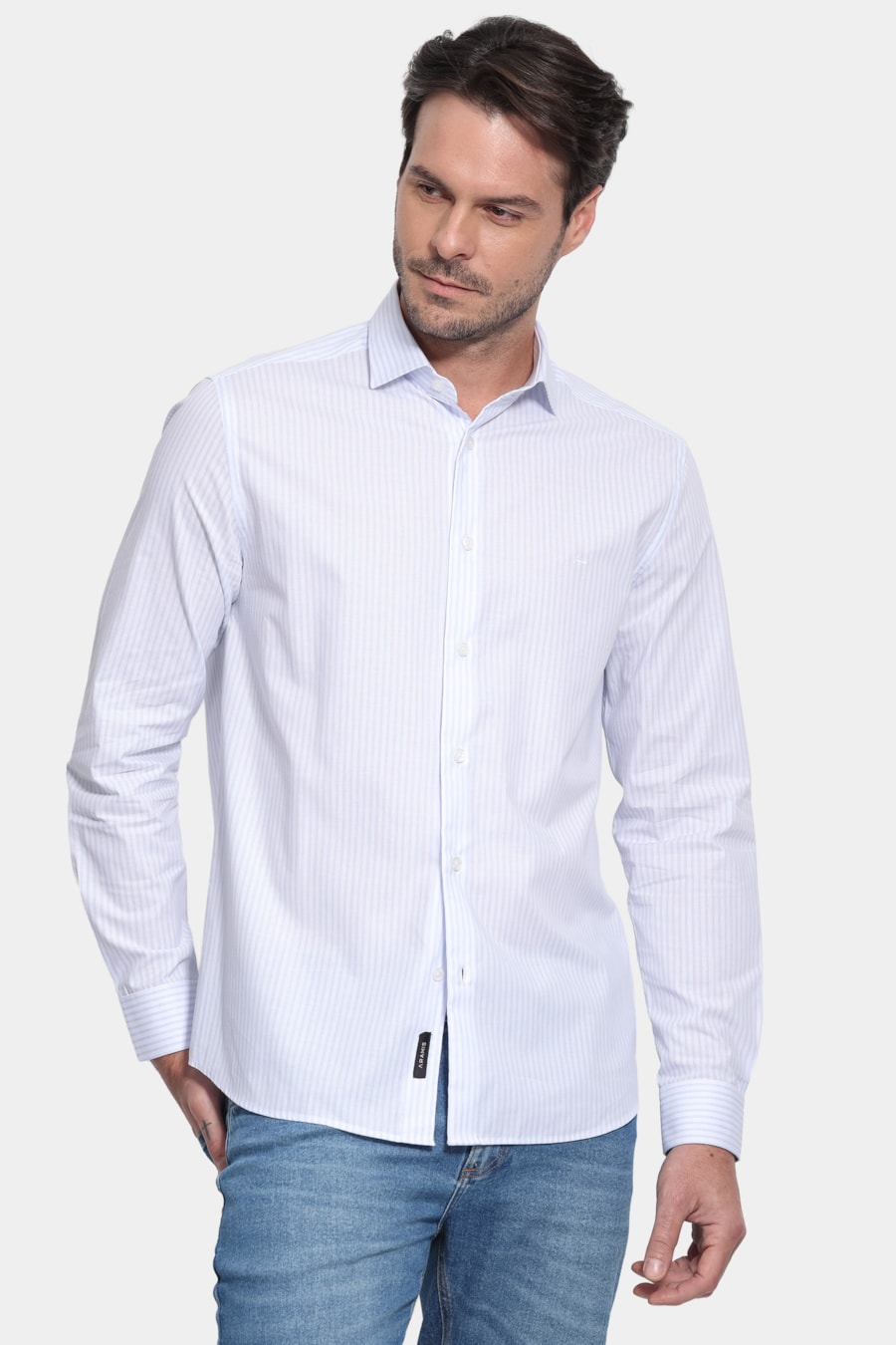 Camisa Manga Longa Slim Tricoline Listrado Branco C/Azul — foto 1 de 6