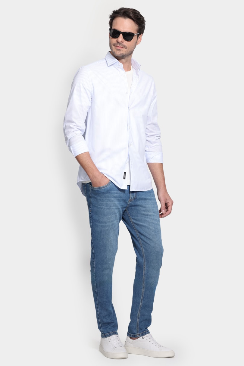 Camisa Manga Longa Slim Tricoline Listrado Branco C/Azul