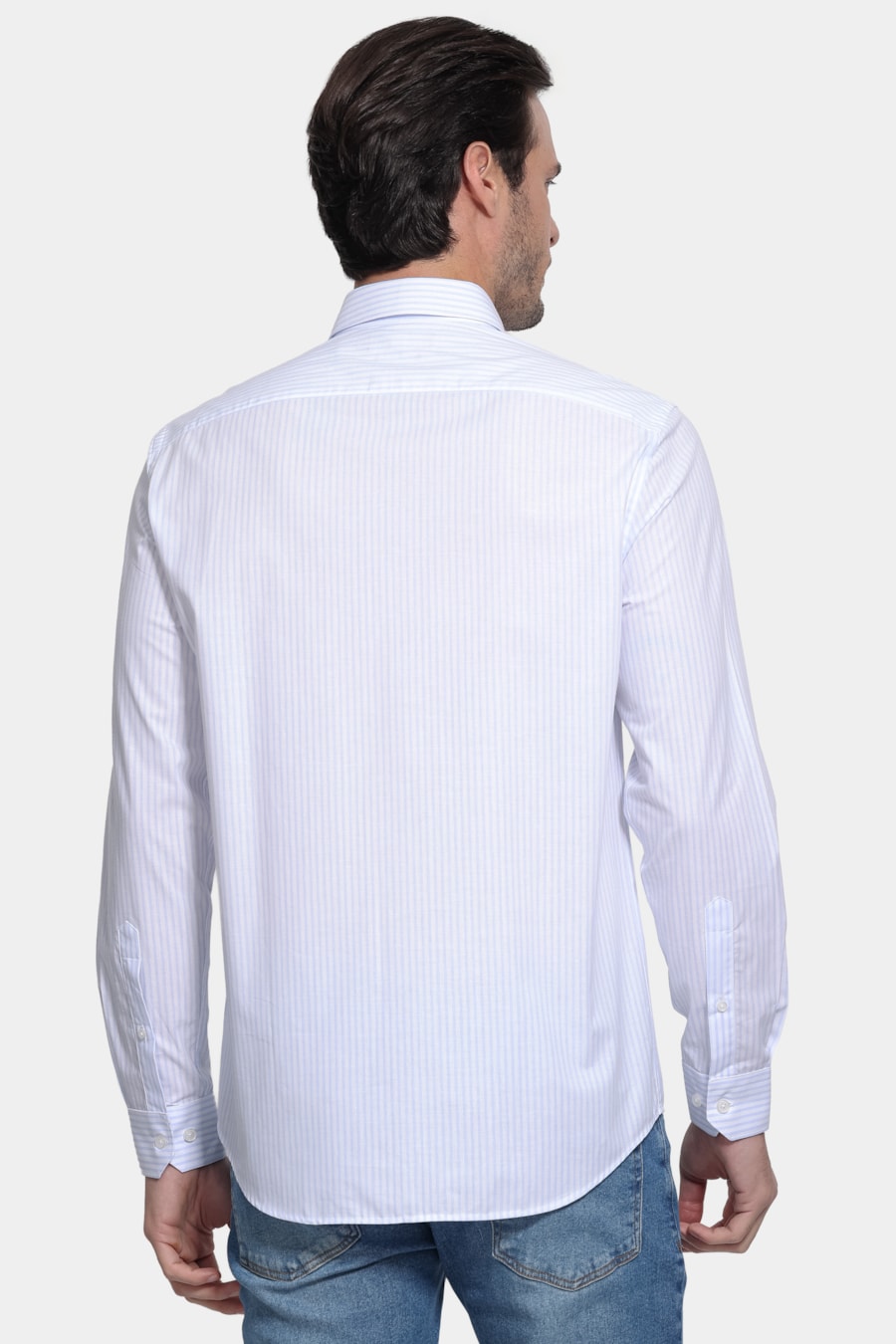 Camisa Manga Longa Slim Tricoline Listrado Branco C/Azul — foto 4 de 6