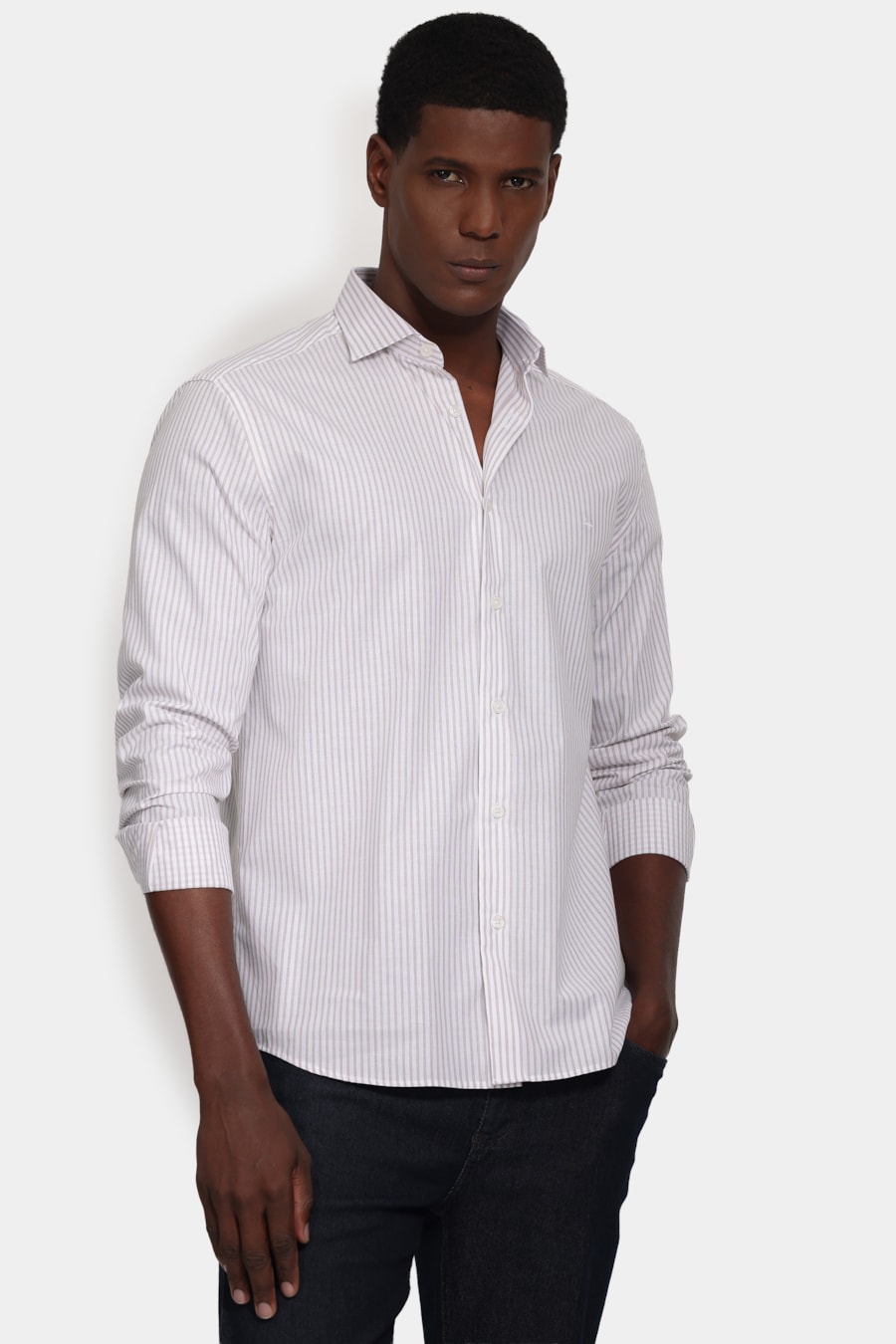 Camisa Manga Longa Slim Tricoline Listrado Branco C/ Madeira — foto 1 de 6
