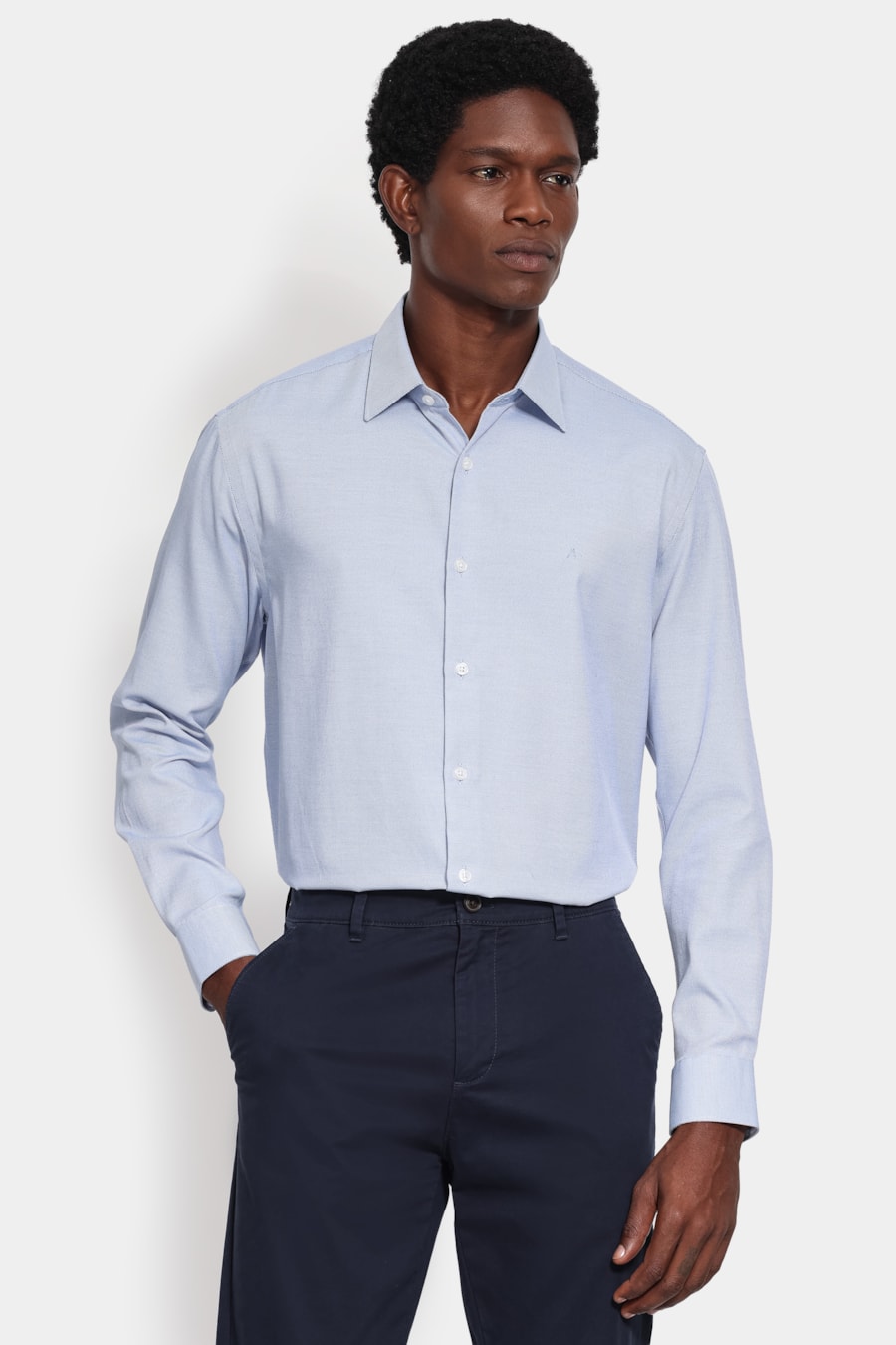 Camisa Manga Longa Slim Tricoline Mix Falso Liso Azul — foto 1 de 6