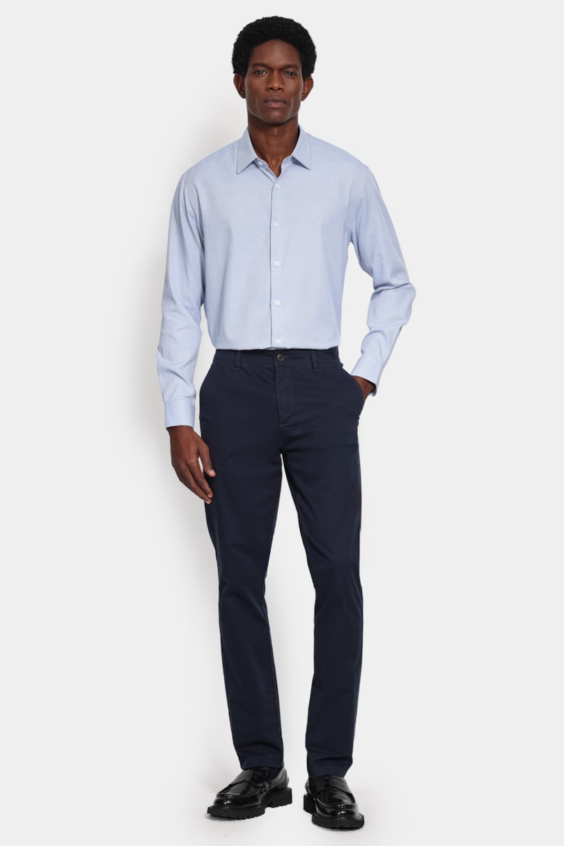 Camisa Manga Longa Slim Tricoline Mix Falso Liso Azul