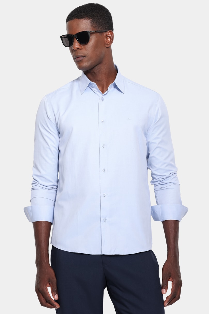 Camisa Manga Longa Slim Tricoline Mix Falso Liso Azul Claro