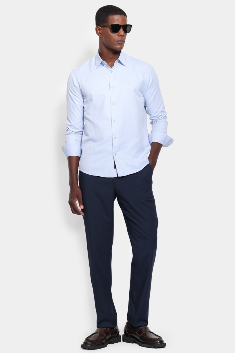 Camisa Manga Longa Slim Tricoline Mix Falso Liso Azul Claro
