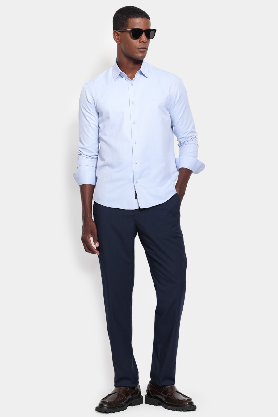 Camisa Manga Longa Slim Tricoline Mix Falso Liso Azul Claro — foto 2 de 6