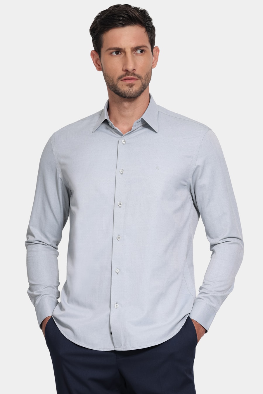 Camisa Manga Longa Slim Tricoline Mix Falso Liso Cinza — foto 1 de 6