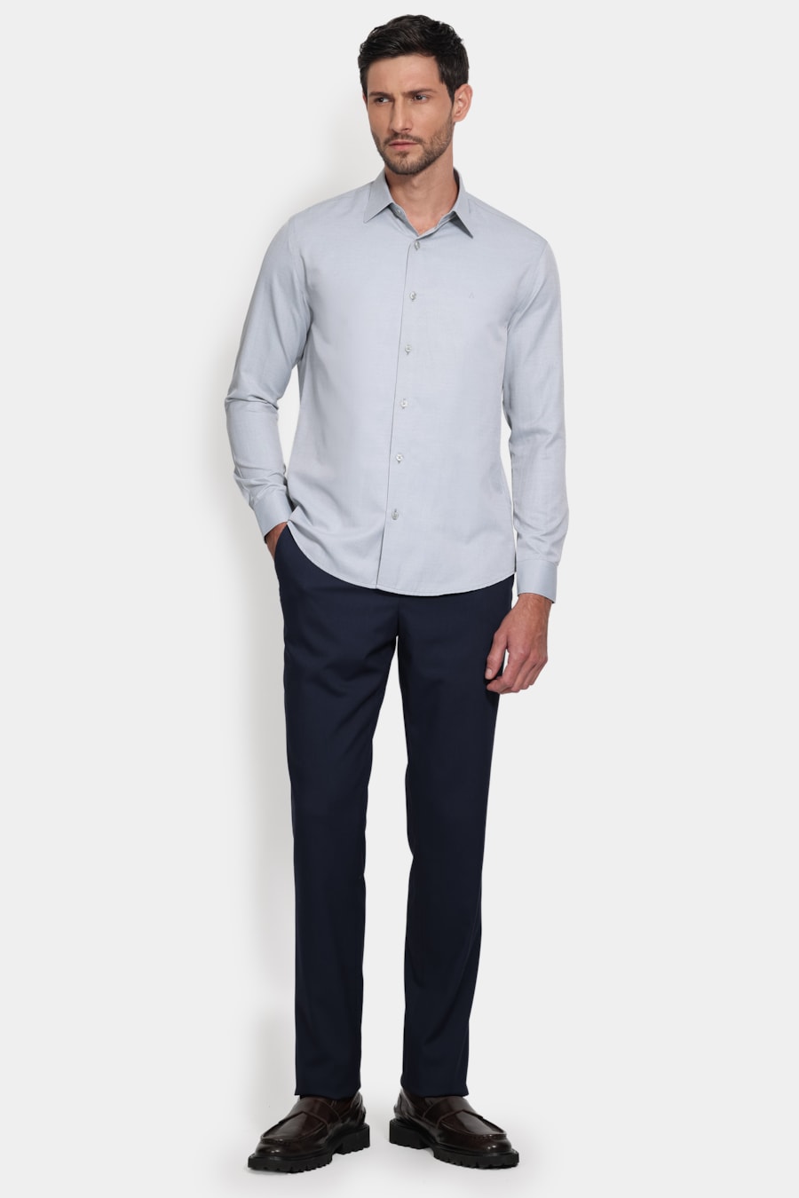 Camisa Manga Longa Slim Tricoline Mix Falso Liso Cinza — foto 2 de 6