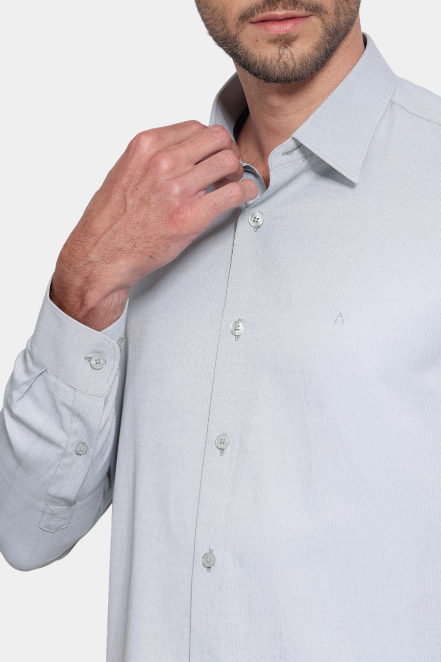 Camisa Manga Longa Slim Tricoline Mix Falso Liso Cinza — foto 3 de 6
