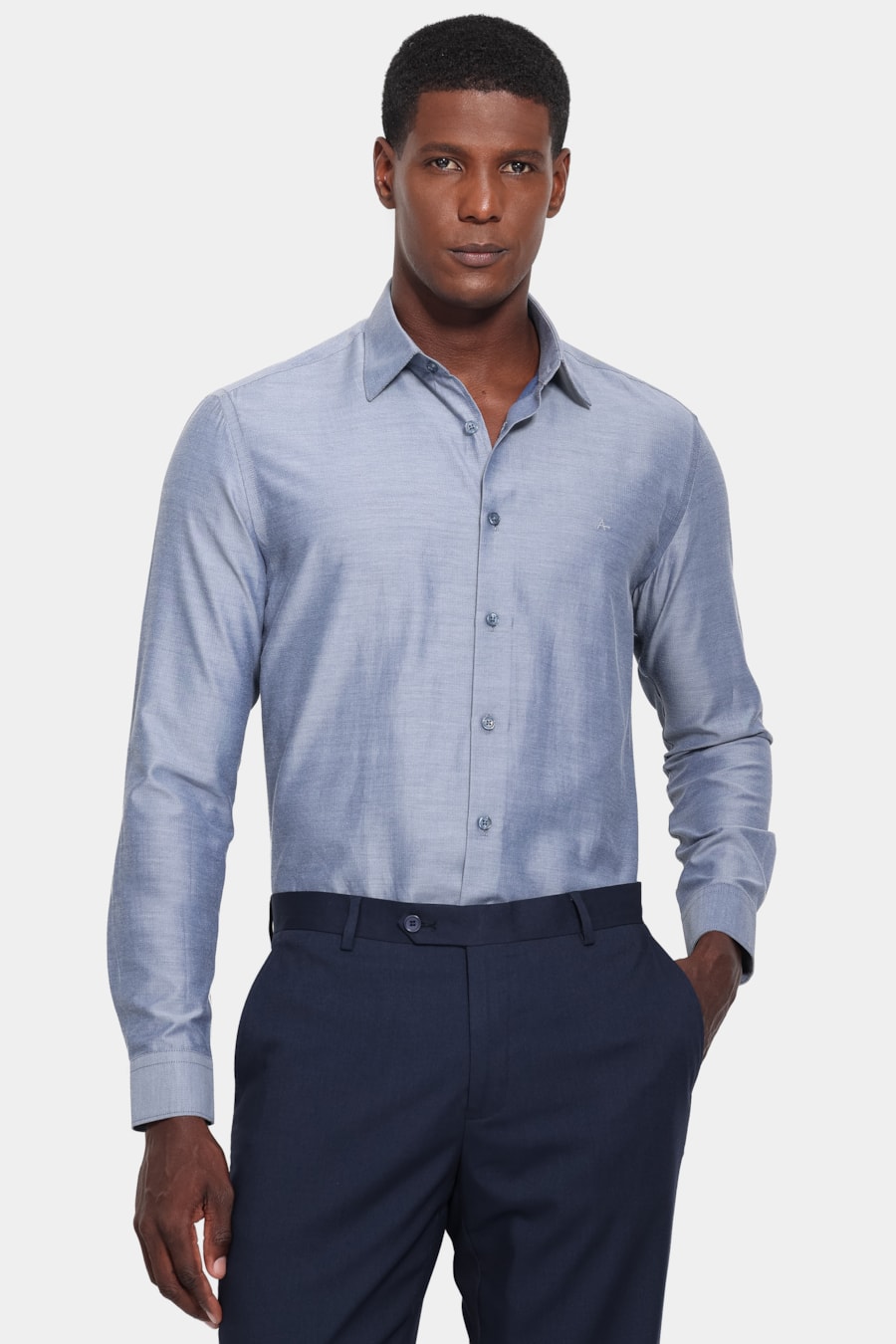 Camisa Manga Longa Slim Tricoline Mix Falso Liso Marinho — foto 1 de 6