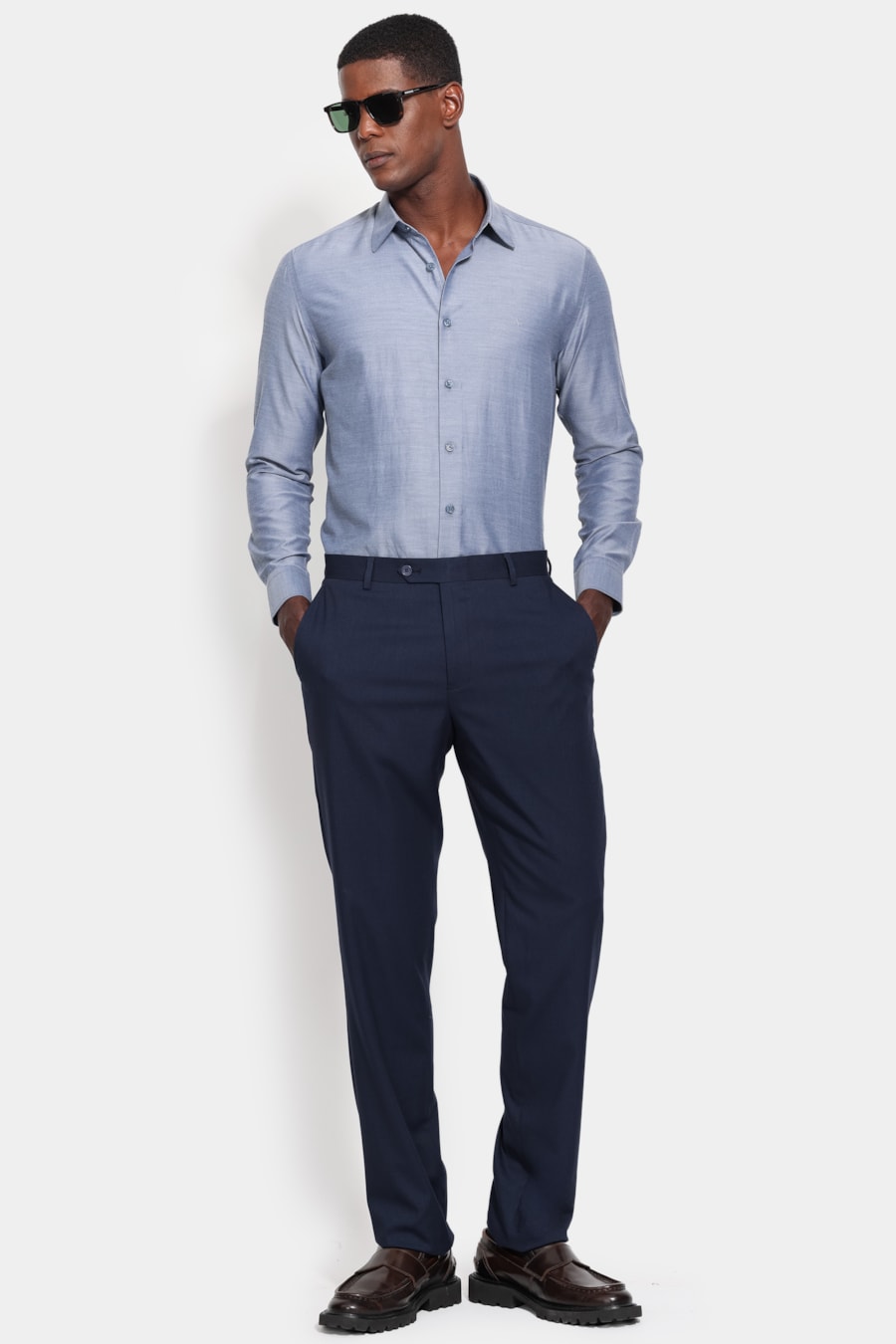 Camisa Manga Longa Slim Tricoline Mix Falso Liso Marinho — foto 2 de 6