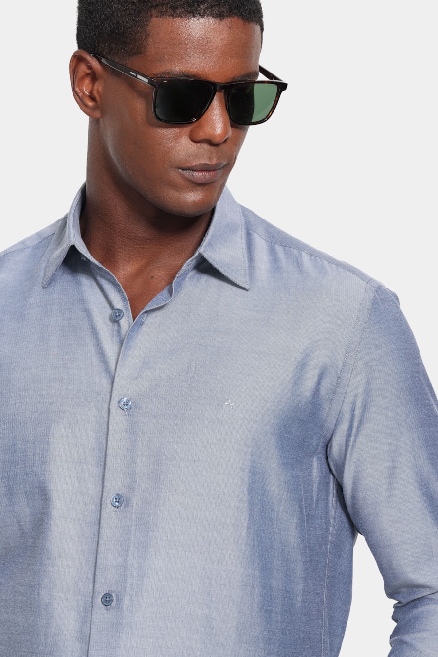 Camisa Manga Longa Slim Tricoline Mix Falso Liso Marinho — foto 3 de 6