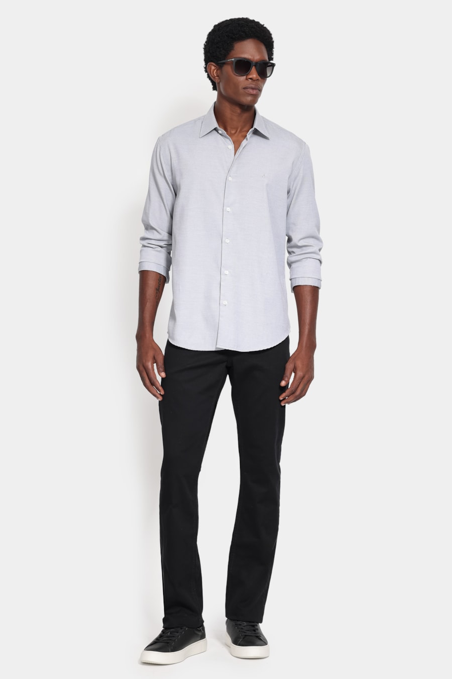 Camisa Manga Longa Slim Tricoline Mix Falso Liso Preto — foto 2 de 6