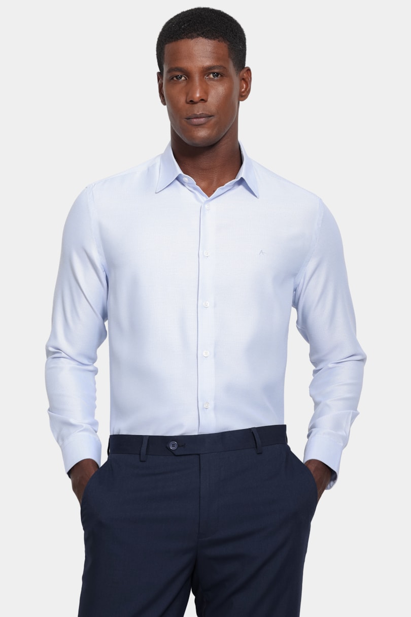 Camisa Manga Longa Slim Tricoline Mix Maquinetado Azul Claro