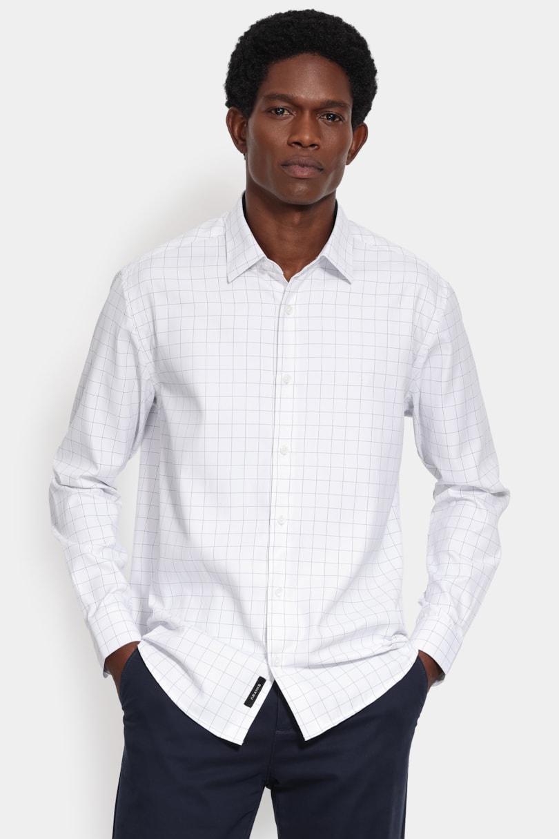 Camisa Manga Longa Slim Tricoline Mix Xadrez Branco C/Azul