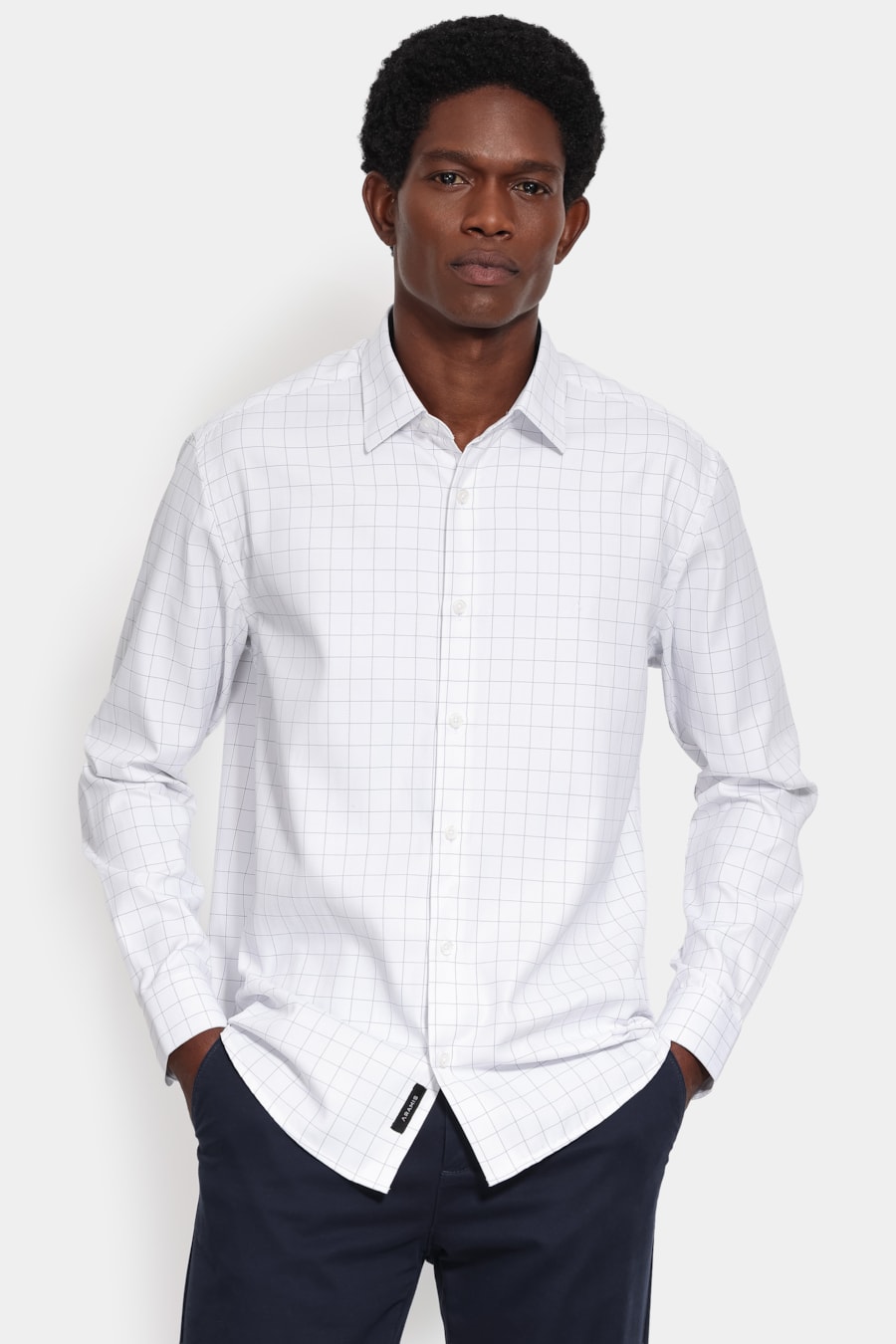 Camisa Manga Longa Slim Tricoline Mix Xadrez Branco C/Azul — foto 1 de 6