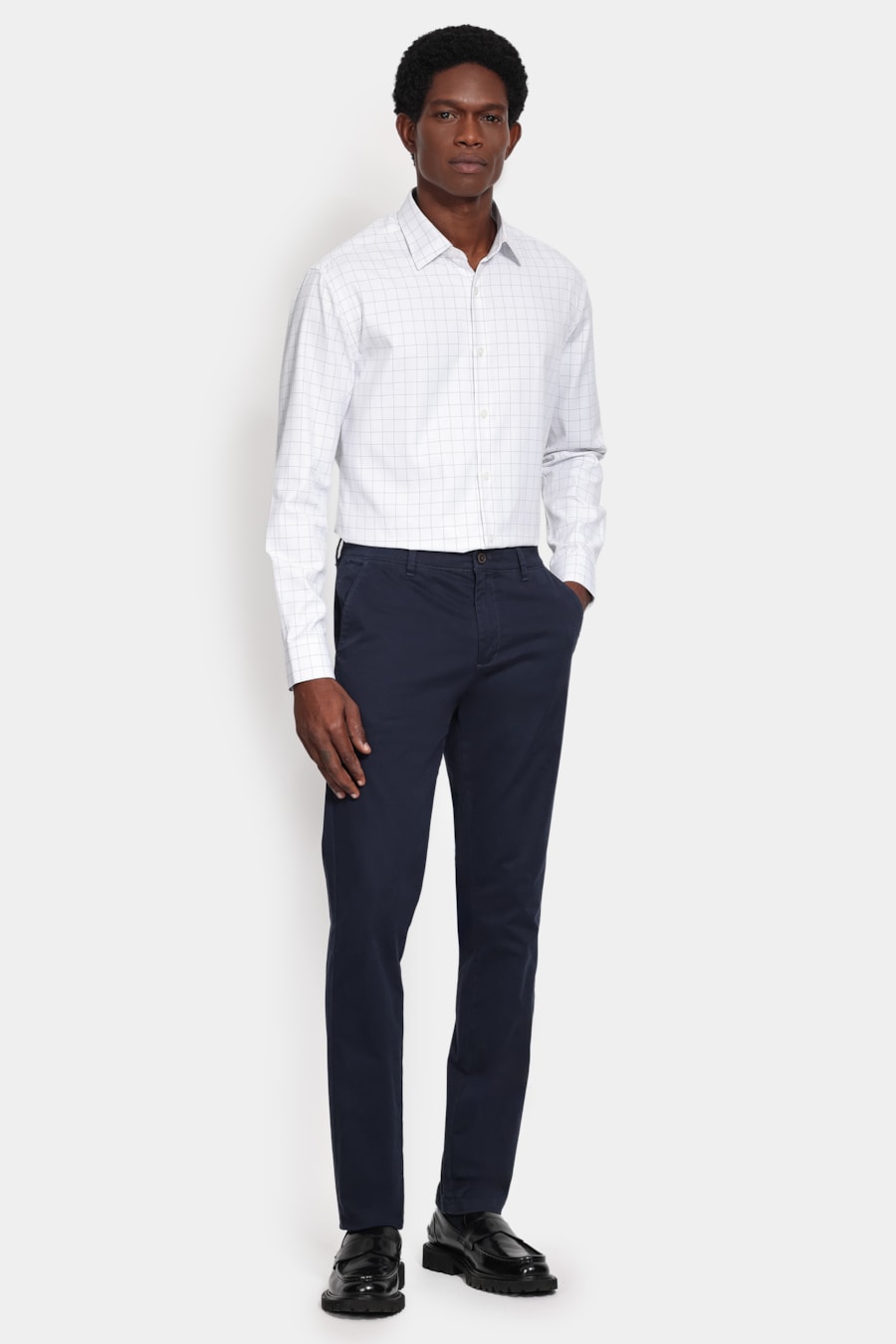 Camisa Manga Longa Slim Tricoline Mix Xadrez Branco C/Azul — foto 2 de 6