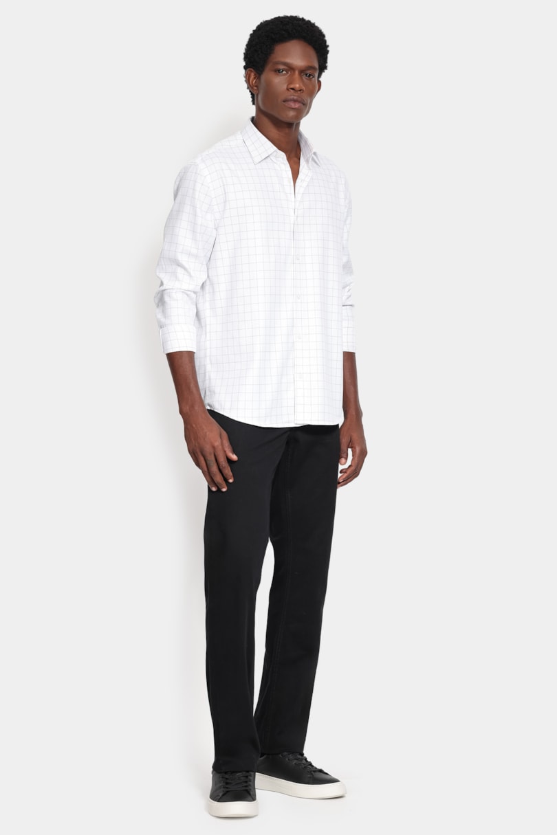 Camisa Manga Longa Slim Tricoline Mix Xadrez Branco C/ Preto