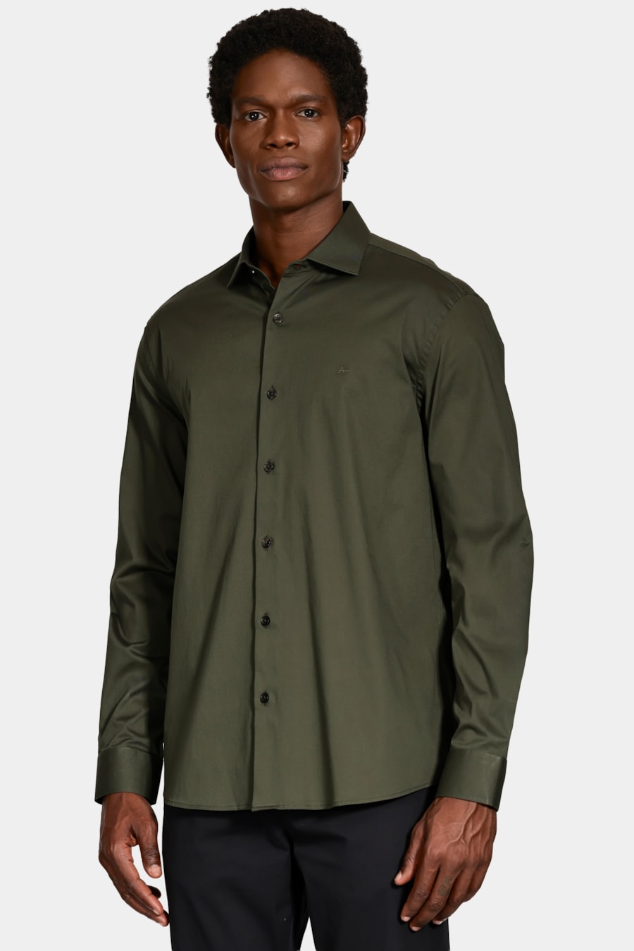 Camisa Manga Longa Slim Tricoline Stretch Verde Militar — foto 1 de 6