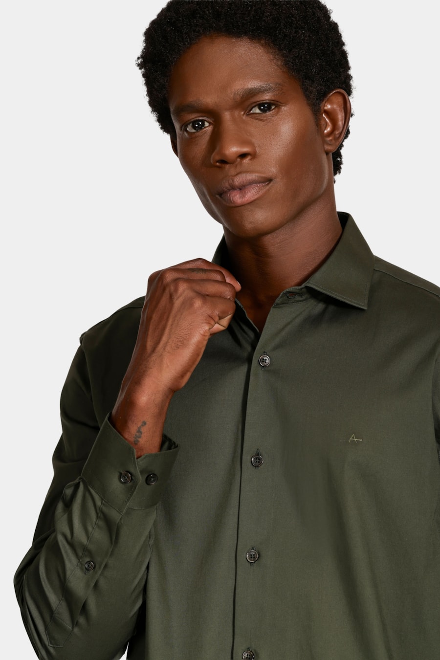 Camisa Manga Longa Slim Tricoline Stretch Verde Militar — foto 3 de 6