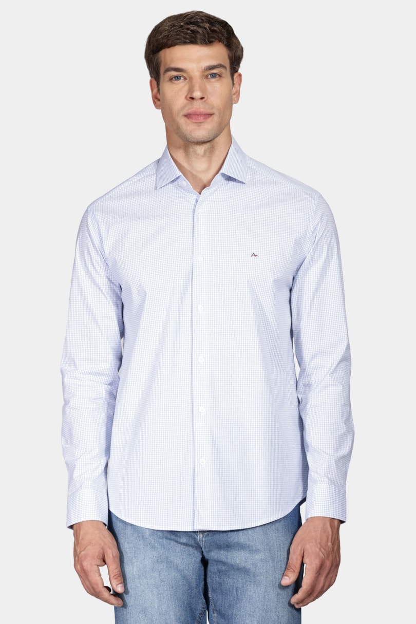 Camisa Manga Longa Slim Tricoline Stretch Xadrez Branco Com Azul