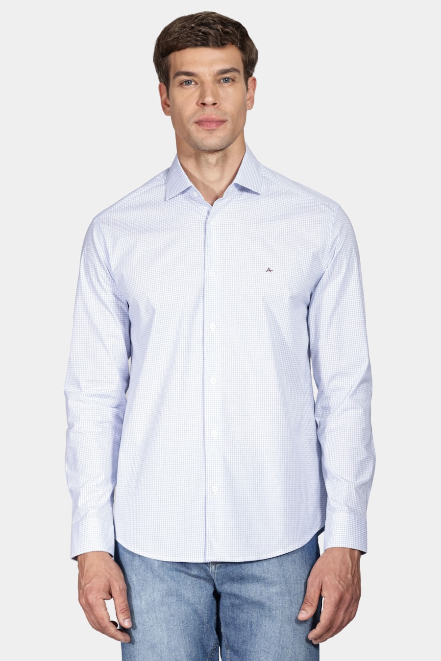 Camisa Manga Longa Slim Tricoline Stretch Xadrez Branco Com Azul — foto 1 de 5
