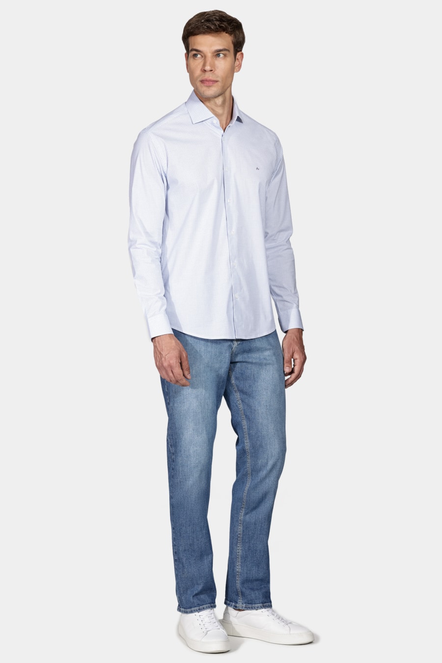 Camisa Manga Longa Slim Tricoline Stretch Xadrez Branco Com Azul — foto 2 de 5