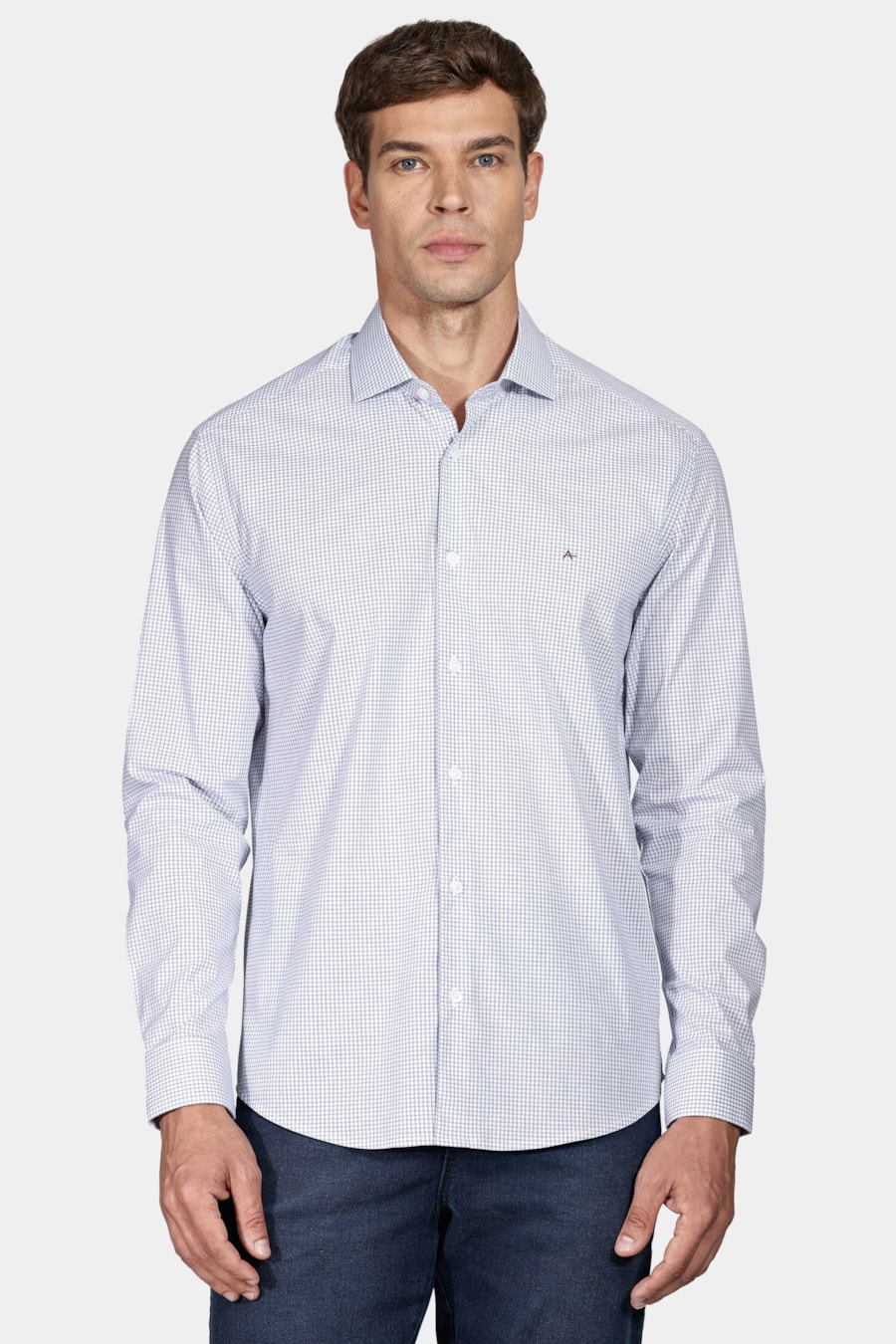 Camisa Manga Longa Slim Tricoline Stretch Xadrez Branco Com Marinho — foto 1 de 5
