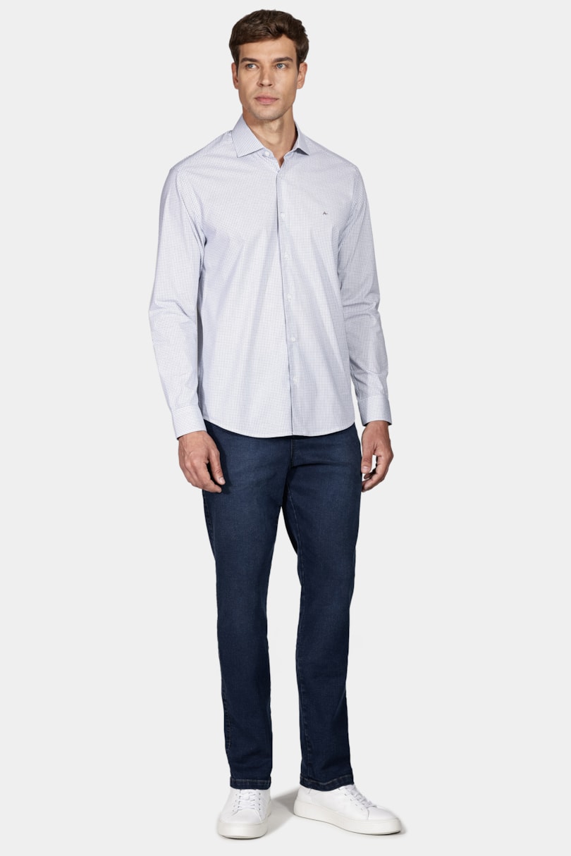 Camisa Manga Longa Slim Tricoline Stretch Xadrez Branco Com Marinho