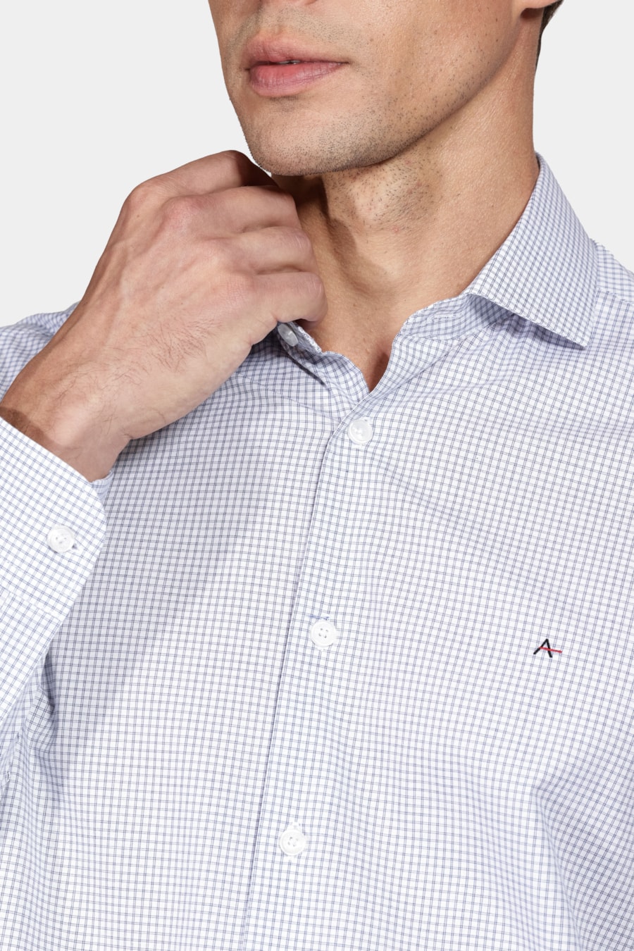 Camisa Manga Longa Slim Tricoline Stretch Xadrez Branco Com Marinho — foto 3 de 5