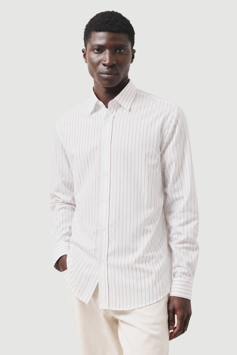 Camisa Manga Longa Slim Tricoline Urban Listrado Branco C/Caqui