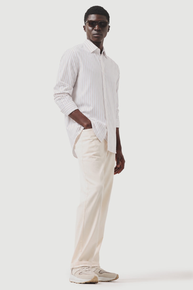 Camisa Manga Longa Slim Tricoline Urban Listrado Branco C/Caqui