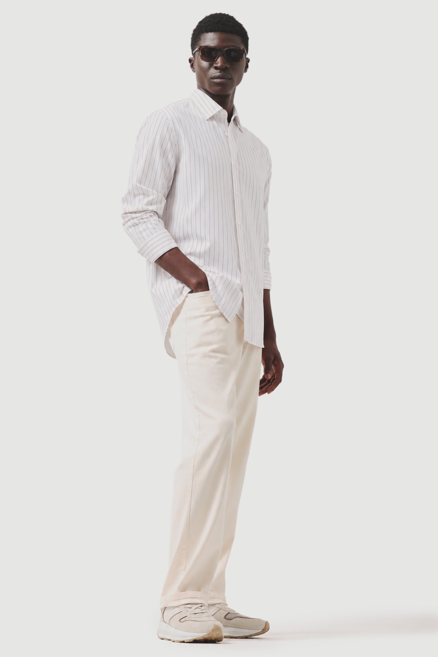 Camisa Manga Longa Slim Tricoline Urban Listrado Branco C/Caqui — foto 2 de 5