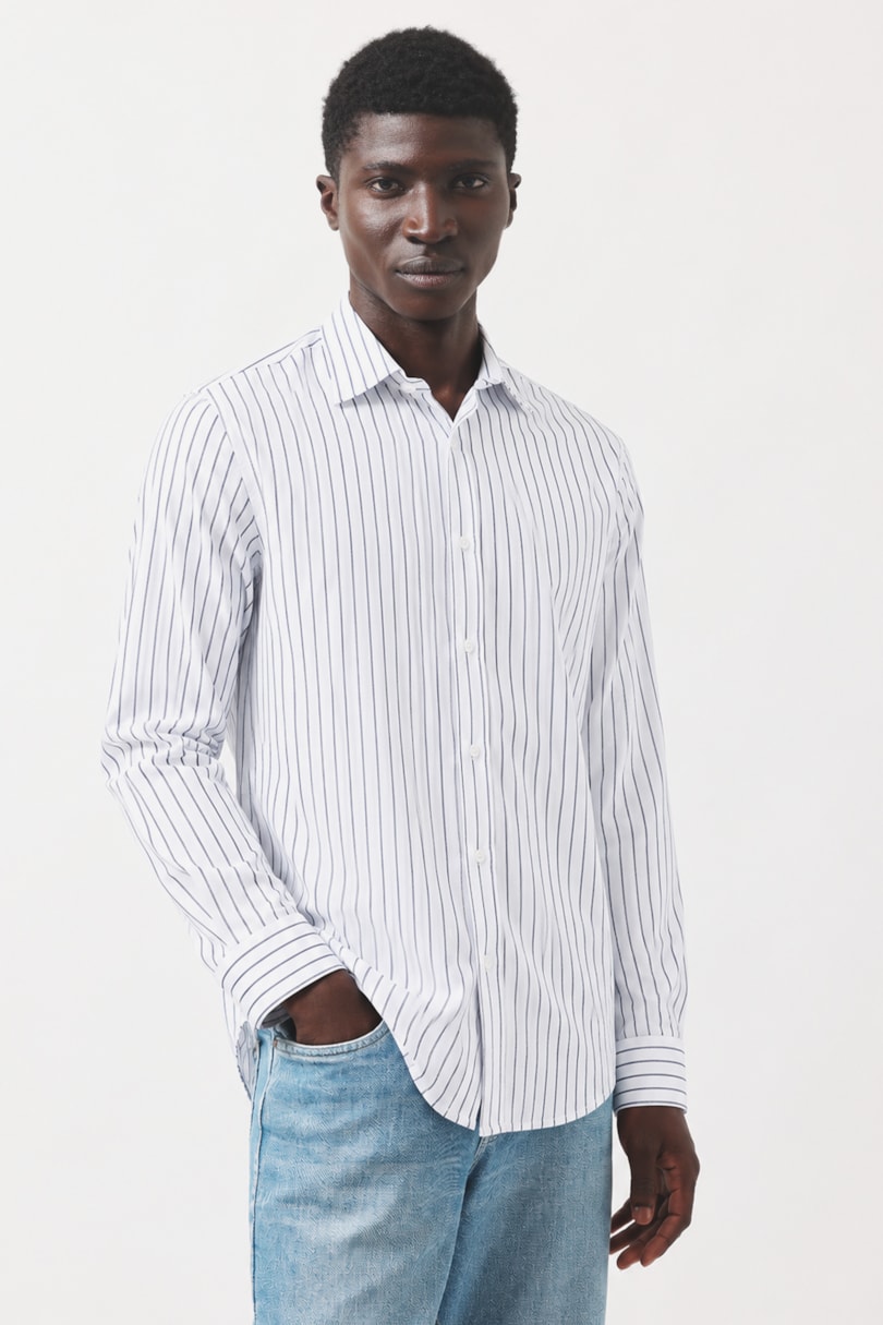 Camisa Manga Longa Slim Tricoline Urban Listrado Branco C/Marinho