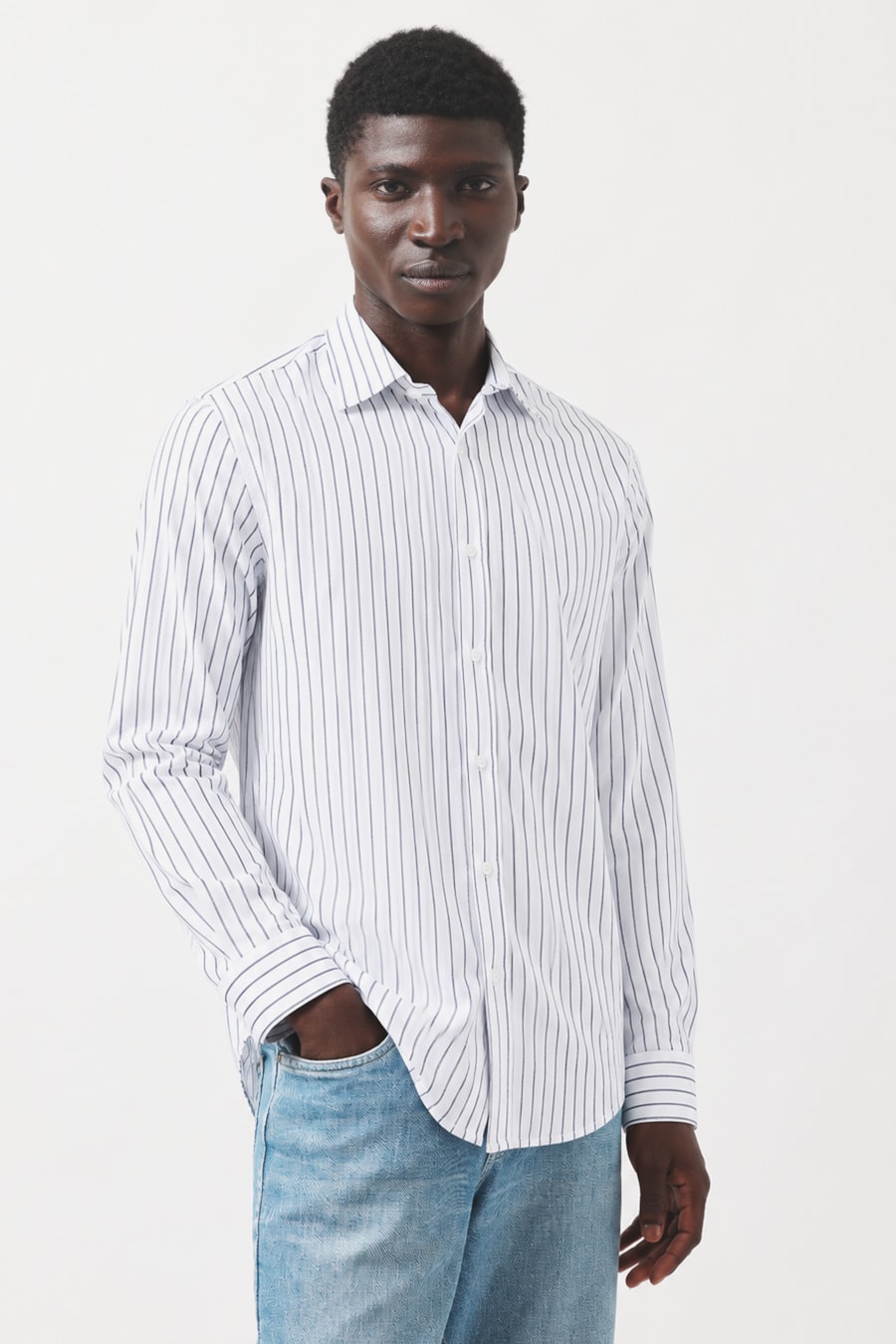 Camisa Manga Longa Slim Tricoline Urban Listrado Branco C/Marinho — foto 1 de 5