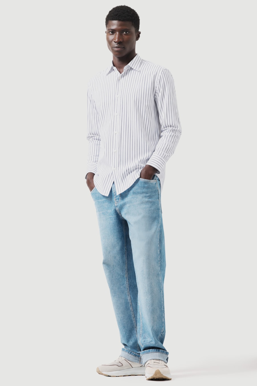Camisa Manga Longa Slim Tricoline Urban Listrado Branco C/Marinho — foto 2 de 5
