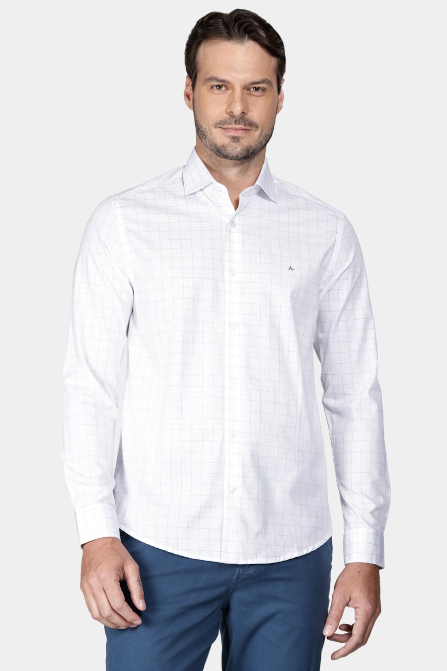 Camisa Manga Longa Slim Tricoline Xadrez Branco Com Azul — foto 1 de 5