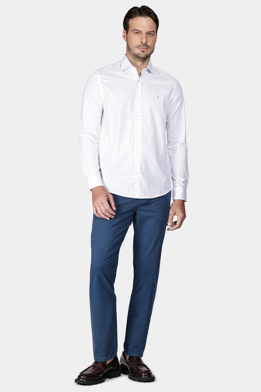 Camisa Manga Longa Slim Tricoline Xadrez Branco Com Azul — foto 2 de 5