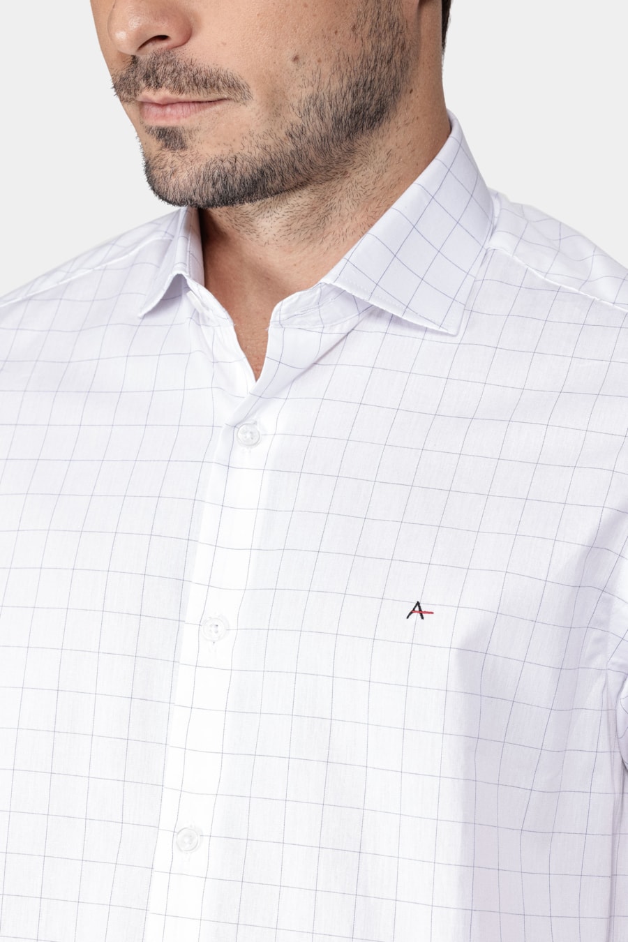 Camisa Manga Longa Slim Tricoline Xadrez Branco Com Azul — foto 3 de 5