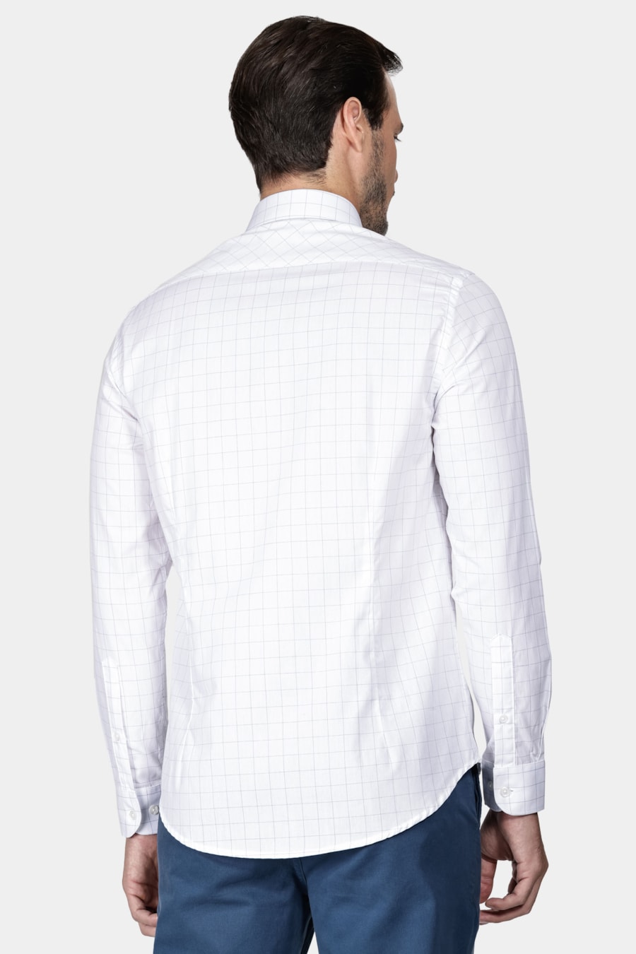 Camisa Manga Longa Slim Tricoline Xadrez Branco Com Azul — foto 4 de 5