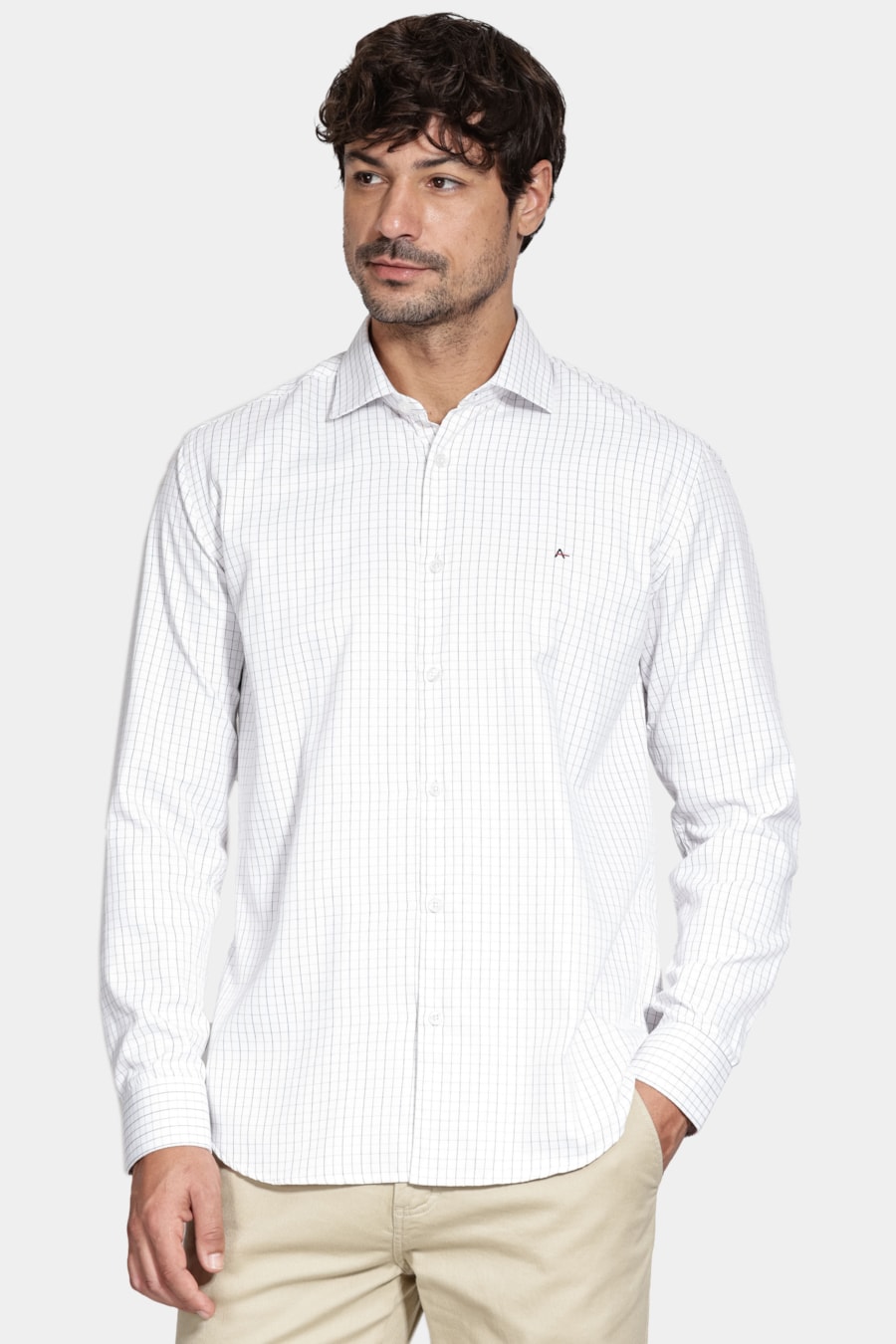 Camisa Manga Longa Slim Tricoline Xadrez Maquinetada Branco C/Caqui — foto 1 de 6