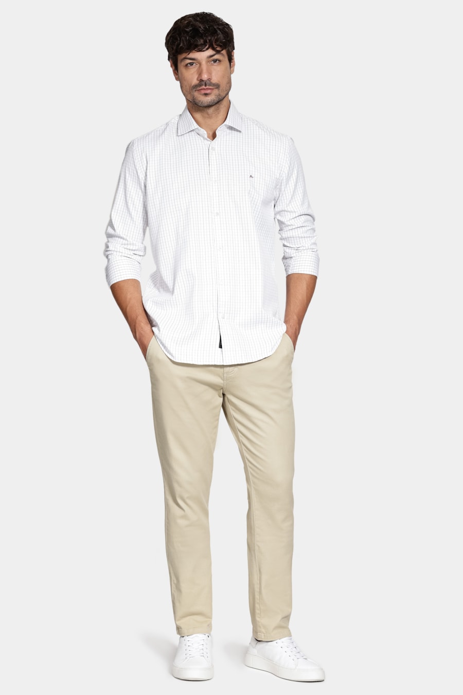 Camisa Manga Longa Slim Tricoline Xadrez Maquinetada Branco C/Caqui — foto 2 de 6