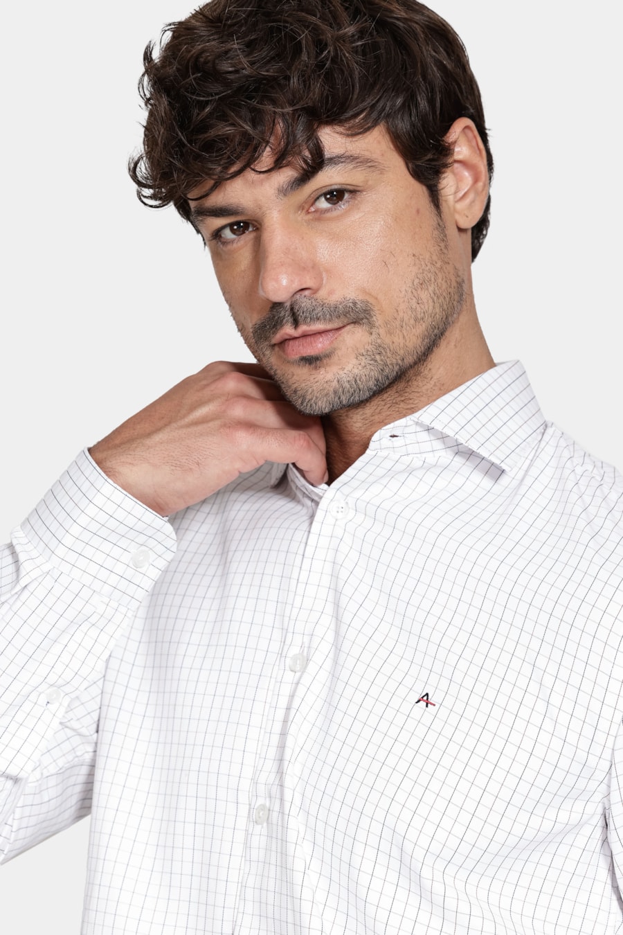 Camisa Manga Longa Slim Tricoline Xadrez Maquinetada Branco C/Caqui — foto 3 de 6